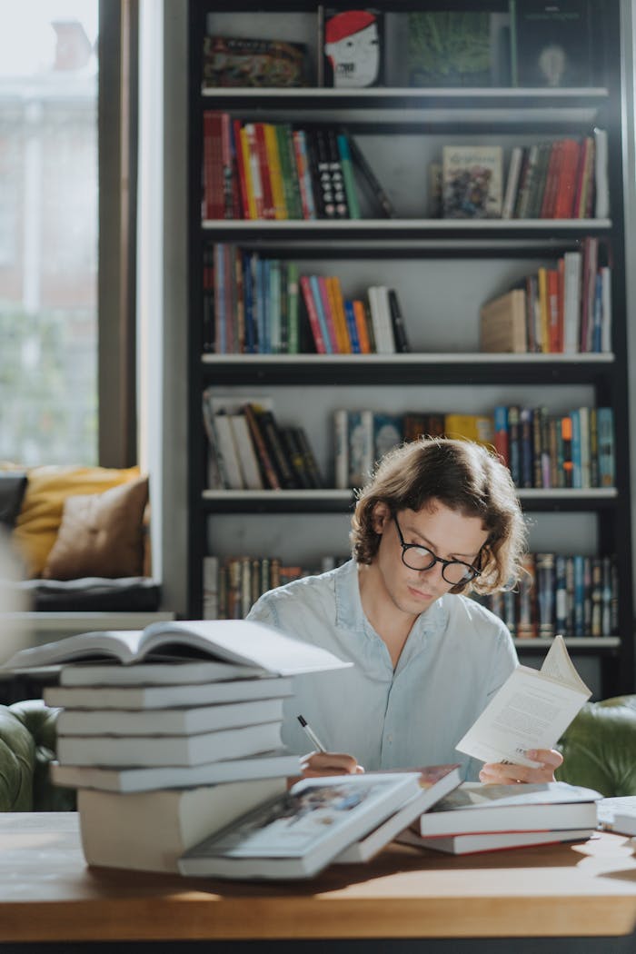 who-we-are A young man focuses on studying amidst a bookstore environment, surrounded by books.